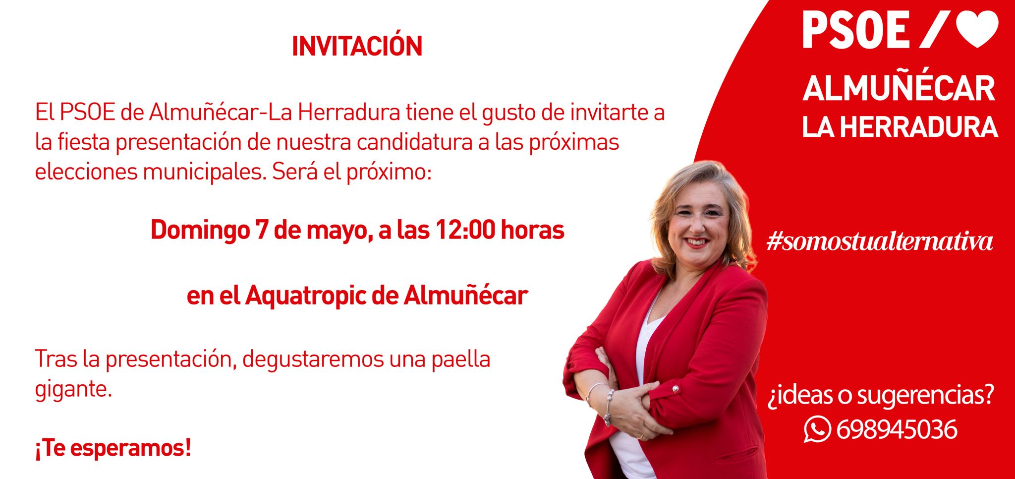 La candidata del PSOE de Almuñécar La Herradura, Rocío Palacios, presentará este domingo a su candidatura al completo en un acto festivo